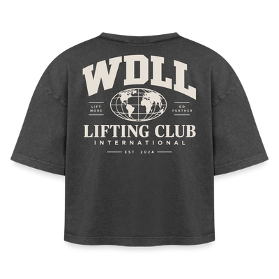 Crop top boxy femme WDLL Lifting Club International acid wash noir délavé, vue de dos avec grand print Lifting Club International – WOD.LOL