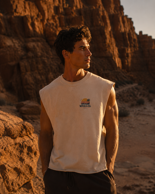 Homme portant le tank boxy WOD.LOL Summer Sunset dans un décor désertique au coucher du soleil