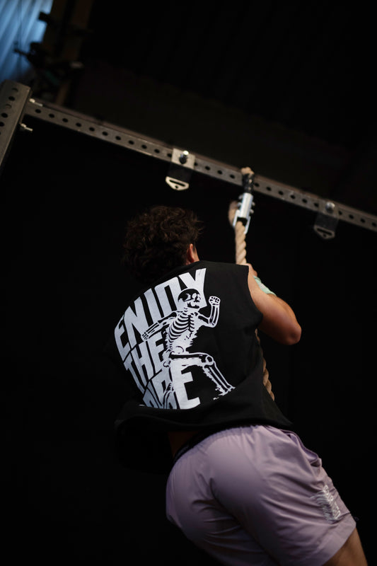 T-shirt WOD.LOL Enjoy The Ride avec squelette, dos, en salle
