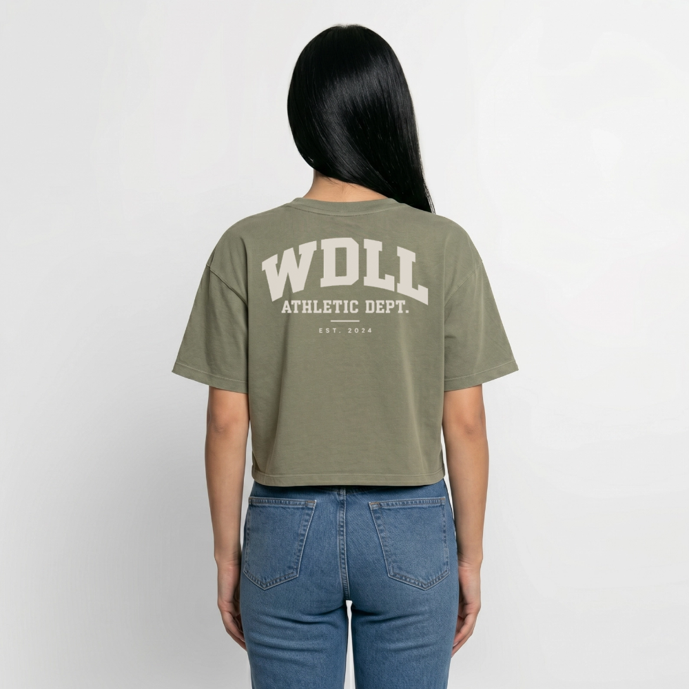 Crop top boxy femme WDLL Athletic Dept. acid wash vert délavé, porté de dos – WOD.LOL