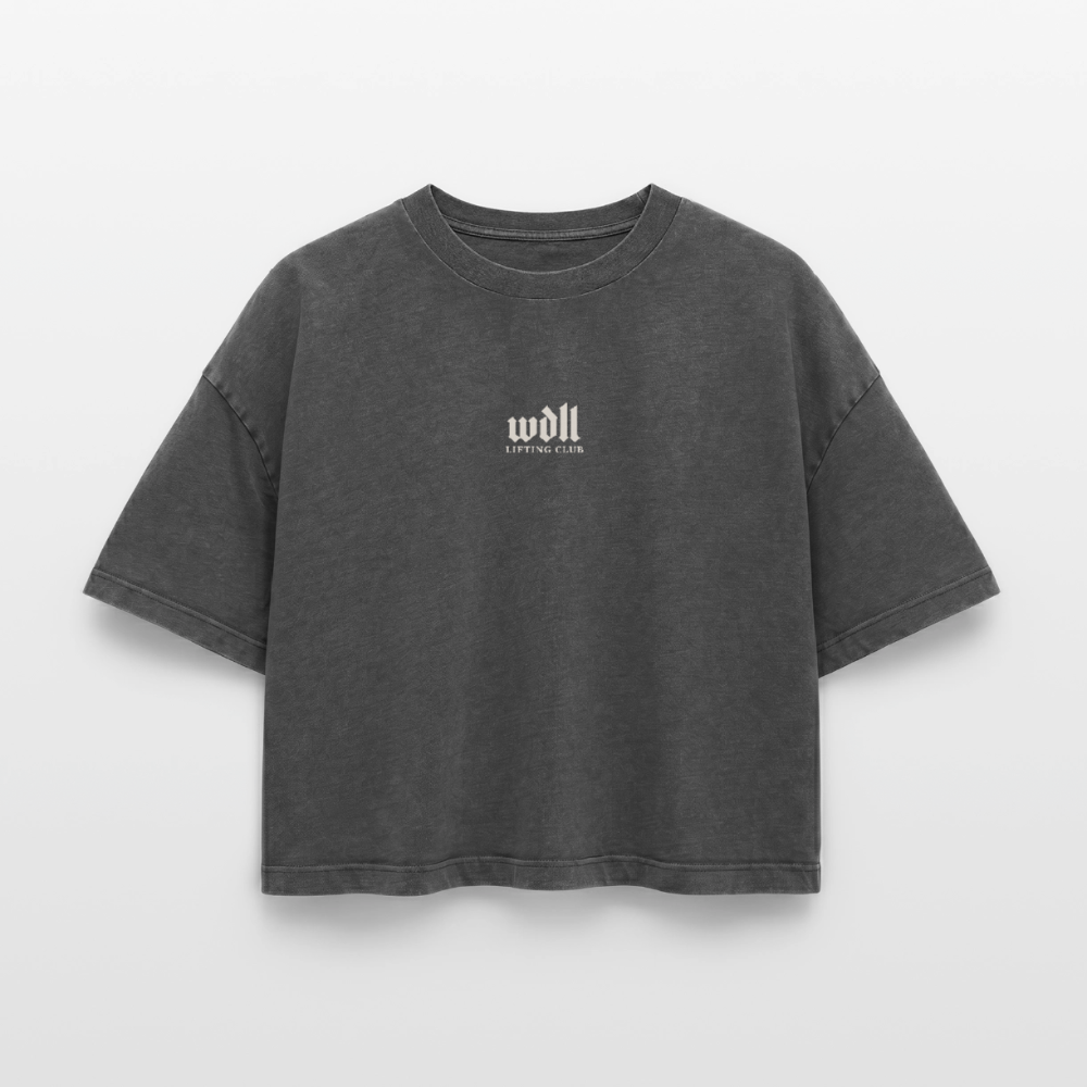 Crop top boxy femme WDLL Lifting Club acid wash noir délavé, face, petit logo poitrine – WOD.LOL