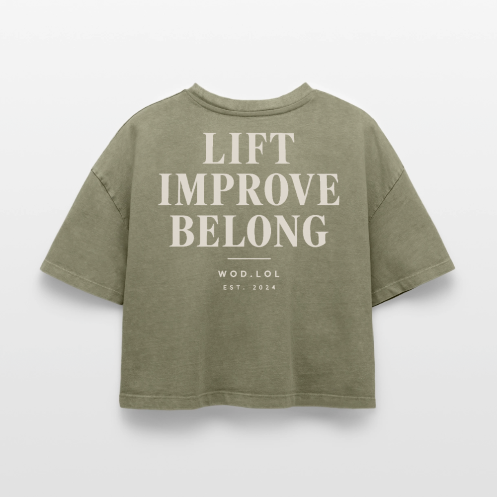 Crop top boxy femme WDLL Lift Improve Belong acid wash vert délavé, dos, print Lift Improve Belong – WOD.LOL