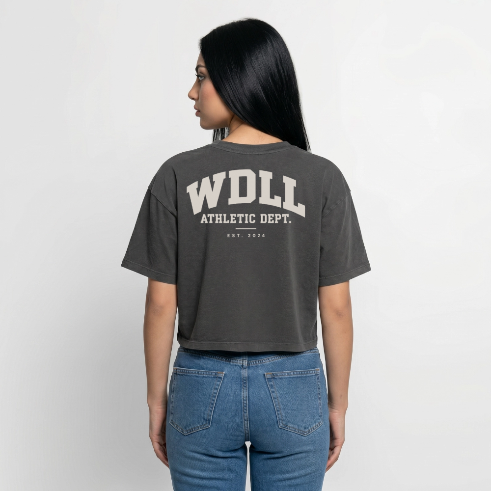 Crop top boxy femme WDLL Athletic Dept. acid wash noir délavé, porté de dos – WOD.LOL