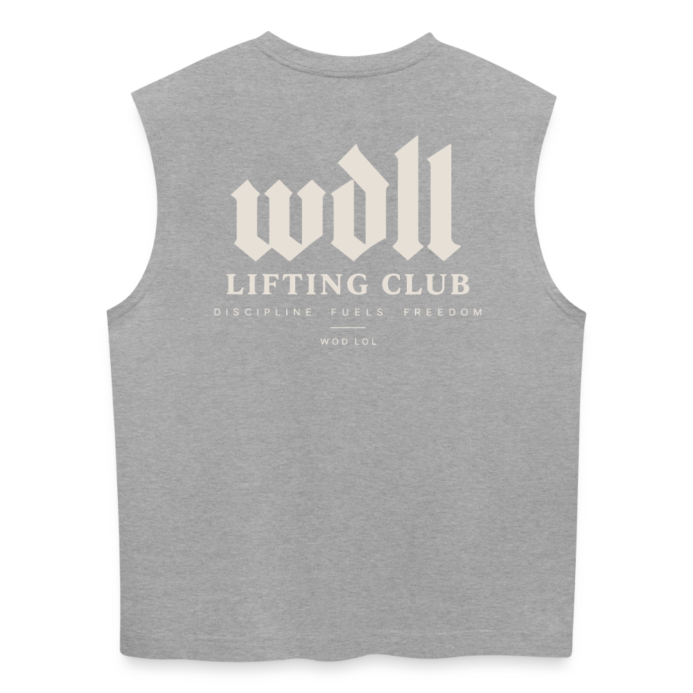 Tank top coupe classique WDLL Lifting Club gris chiné, vue de dos avec grand print WDLL Lifting Club Discipline Fuels Freedom – WOD.LOL