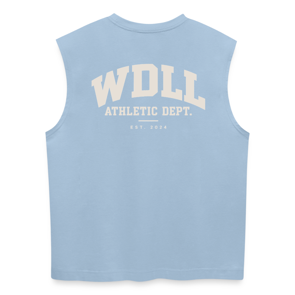 Tank top coupe classique WDLL Athletic Dept. bleu clair, vue de dos avec grand print varsity WDLL Athletic Dept. Est. 2024 – WOD.LOL