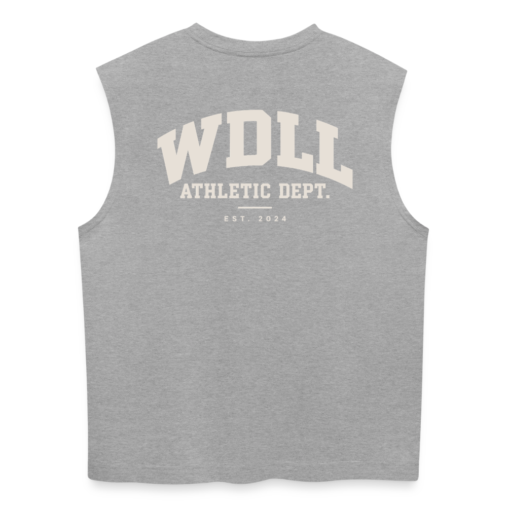 Tank top coupe classique WDLL Athletic Dept. gris chiné, vue de dos avec grand print varsity WDLL Athletic Dept. Est. 2024 – WOD.LOL