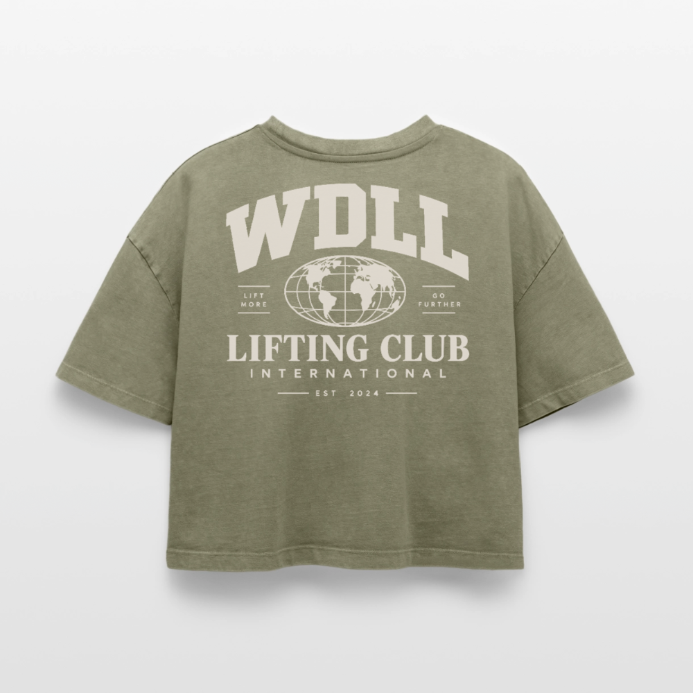 Crop top boxy femme WDLL Lifting Club International acid wash vert délavé, dos, print Lifting Club International – WOD.LOL