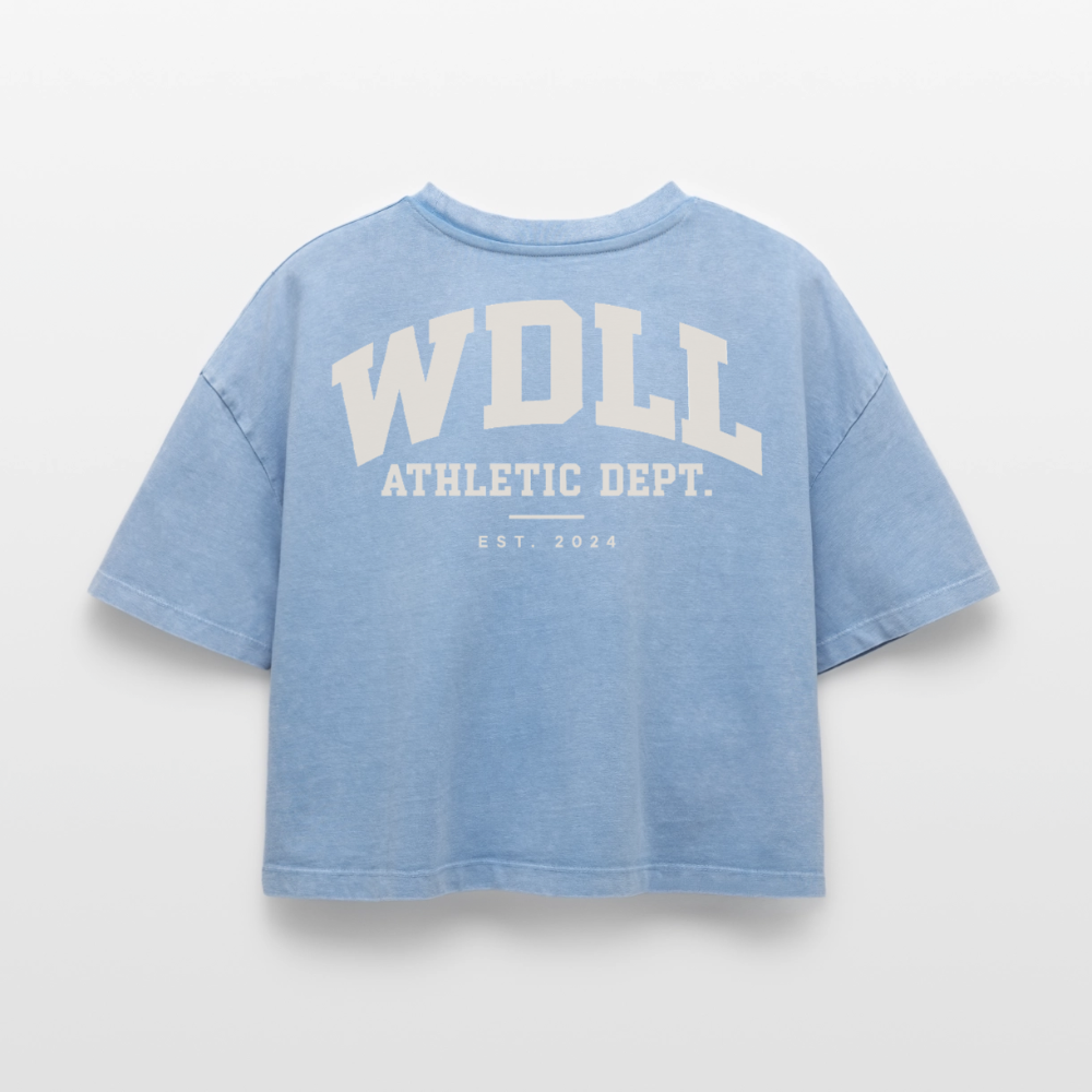 Crop top boxy femme WDLL Athletic Dept. acid wash bleu délavé, dos, print Athletic Dept. – WOD.LOL