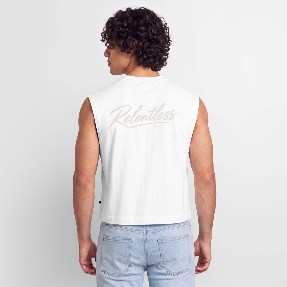 Homme portant le tank coupe classique WDLL Relentless blanc, vue de dos – WOD.LOL