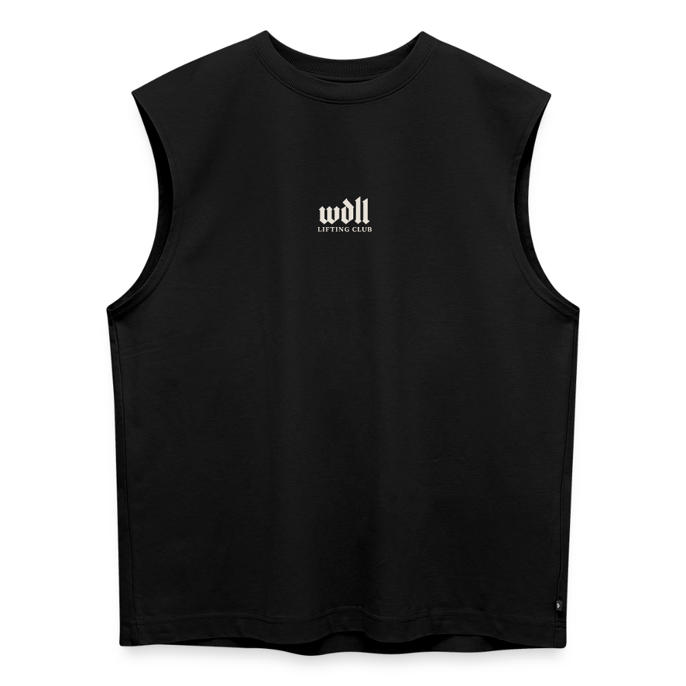Tank top coupe classique WDLL Athletic Dept. noir, vue de face avec petit logo wdll poitrine – WOD.LOL