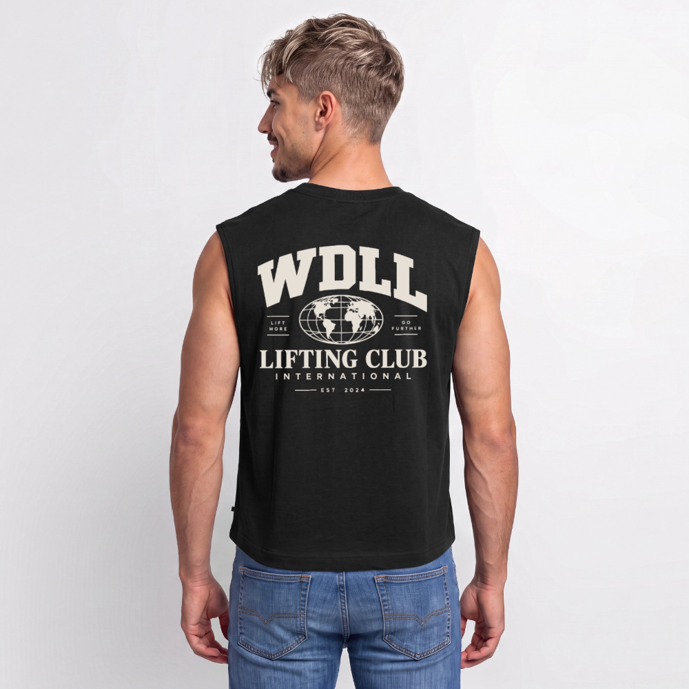 Homme portant le tank coupe classique WDLL Lifting Club International noir, vue de dos – WOD.LOL