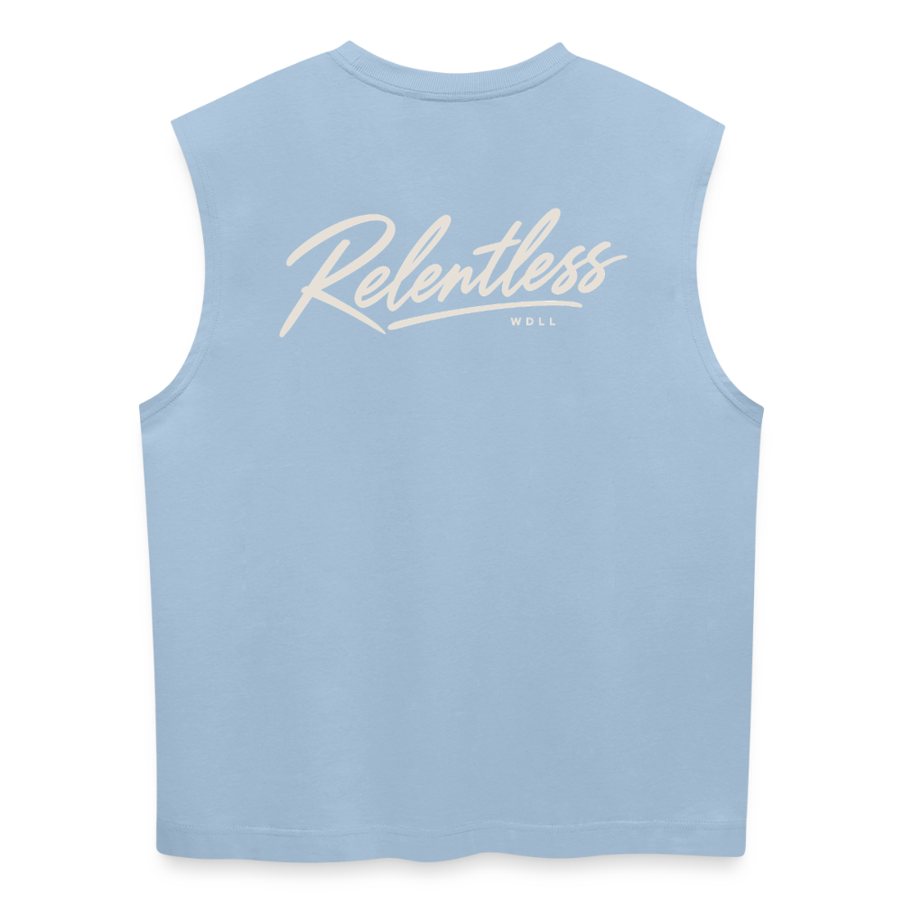 Tank top coupe classique WDLL Relentless bleu clair, vue de dos avec grand lettrage script Relentless – WOD.LOL