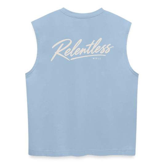Tank top coupe classique WDLL Relentless bleu clair, vue de dos avec grand lettrage script Relentless – WOD.LOL