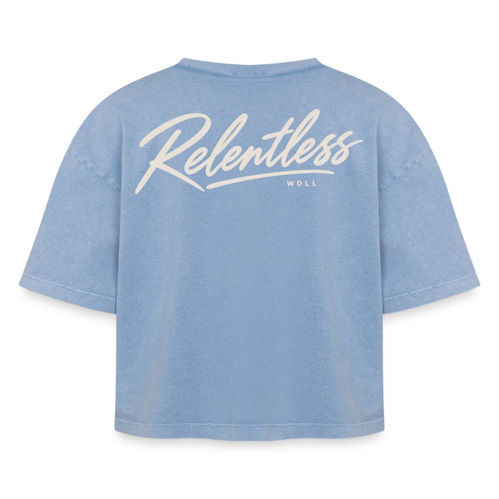 Crop top boxy femme WDLL Relentless acid wash bleu délavé, vue de dos avec grand print Relentless – WOD.LOL