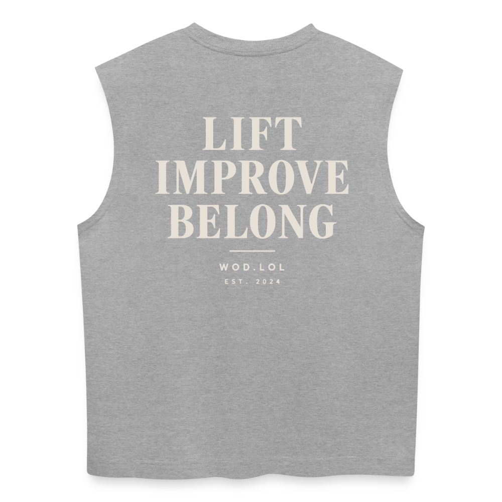 Tank top coupe classique WDLL Lift Improve Belong gris chiné, vue de dos avec grand print Lift Improve Belong – WOD.LOL