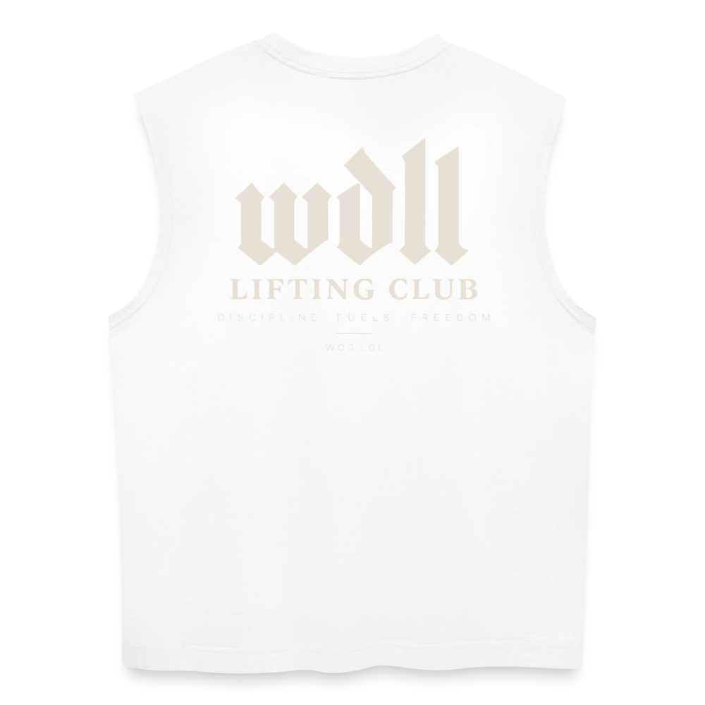 Tank top coupe classique WDLL Lifting Club blanc, vue de dos avec grand print WDLL Lifting Club Discipline Fuels Freedom – WOD.LOL