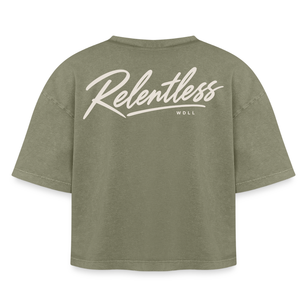 Crop top boxy femme WDLL Relentless acid wash vert délavé, vue de dos avec grand print Relentless – WOD.LOL