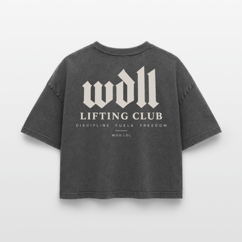 Crop top boxy femme WDLL Lifting Club acid wash noir délavé, dos, print Discipline Fuels Freedom – WOD.LOL