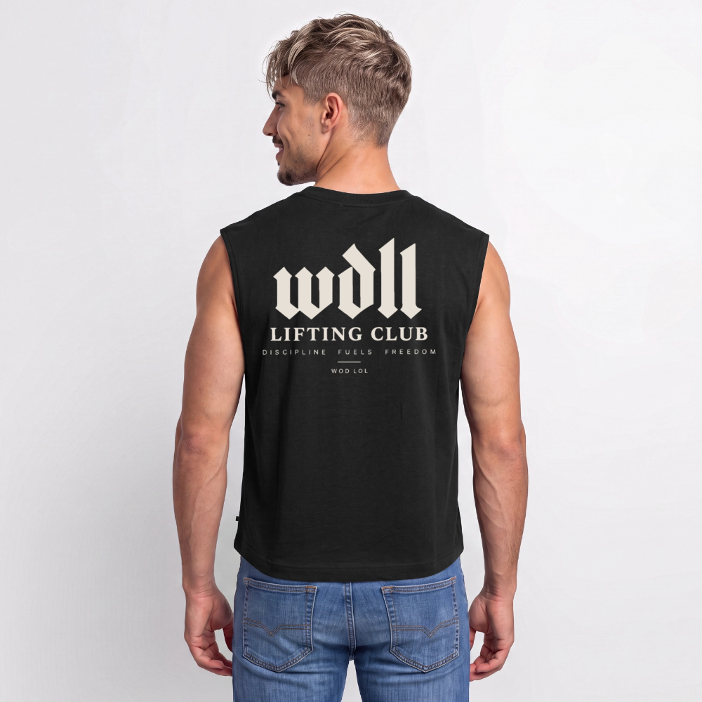 Homme portant le tank coupe classique WDLL Lifting Club noir, vue de dos – WOD.LOL