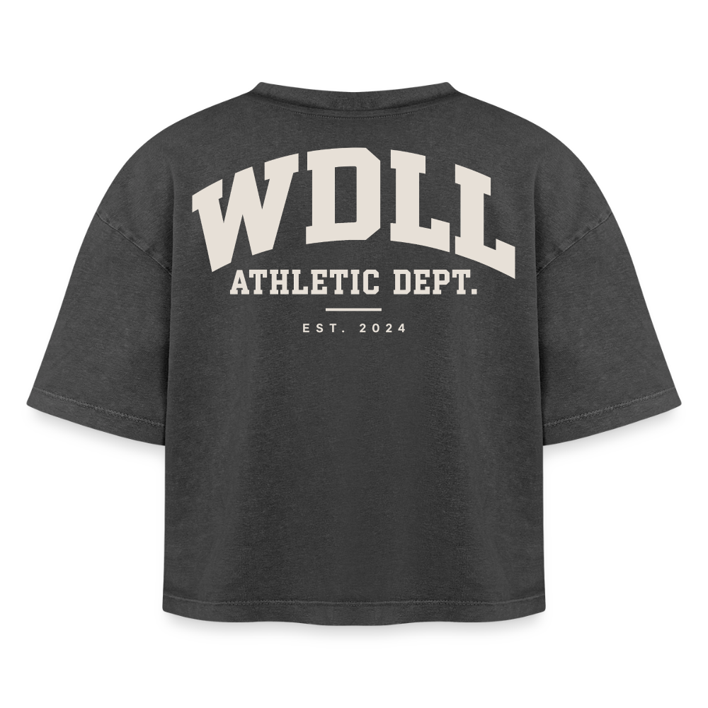 Crop top boxy femme WDLL Athletic Dept. acid wash noir délavé, vue de dos avec grand print Athletic Dept. – WOD.LOL