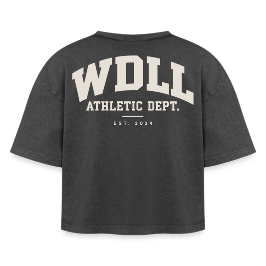 Crop top boxy femme WDLL Athletic Dept. acid wash noir délavé, vue de dos avec grand print Athletic Dept. – WOD.LOL