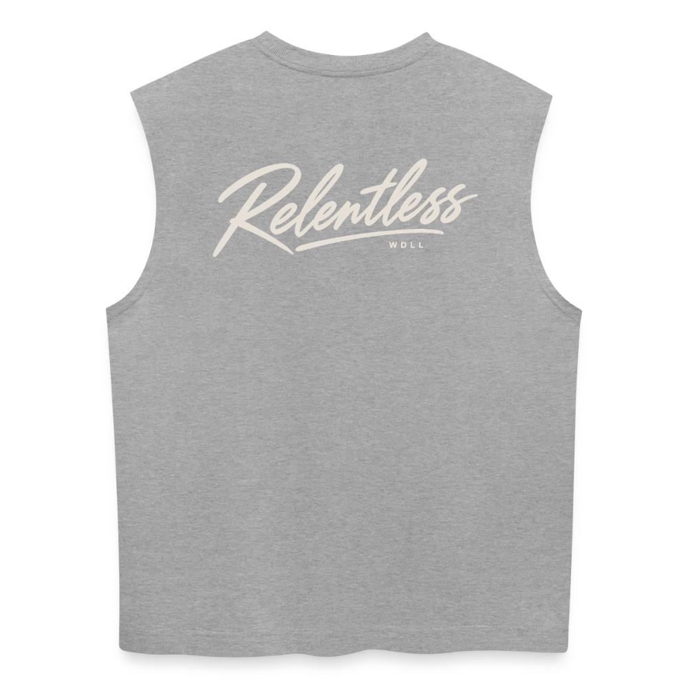 Tank top coupe classique WDLL Relentless gris chiné, vue de dos avec grand lettrage script Relentless – WOD.LOL