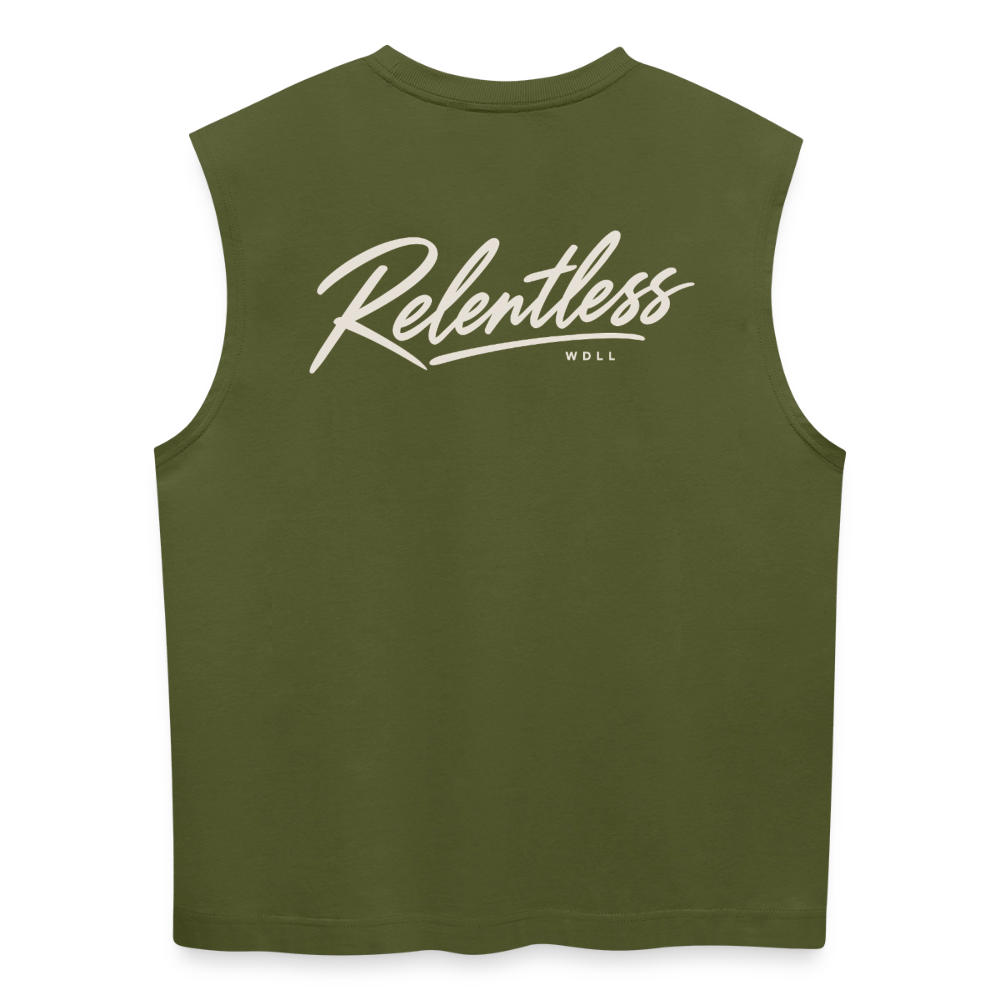 Tank top coupe classique WDLL Relentless kaki, vue de dos avec grand lettrage script Relentless – WOD.LOL