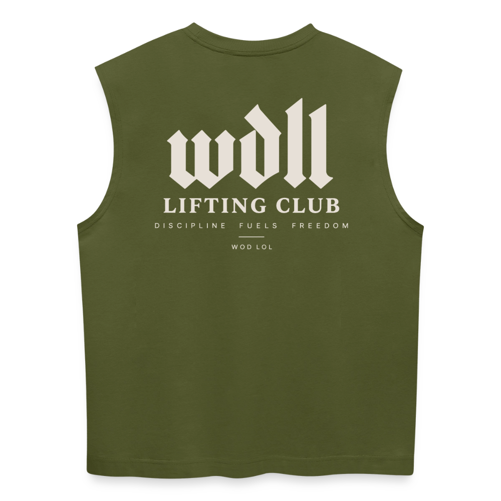Tank top coupe classique WDLL Lifting Club kaki, vue de dos avec grand print WDLL Lifting Club Discipline Fuels Freedom – WOD.LOL