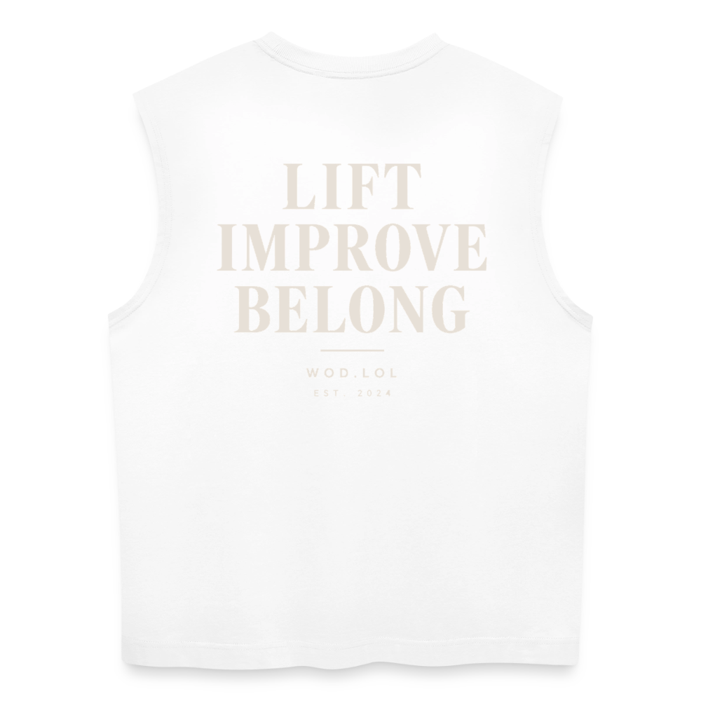 Tank top coupe classique WDLL Lift Improve Belong blanc, vue de dos avec grand print Lift Improve Belong – WOD.LOL