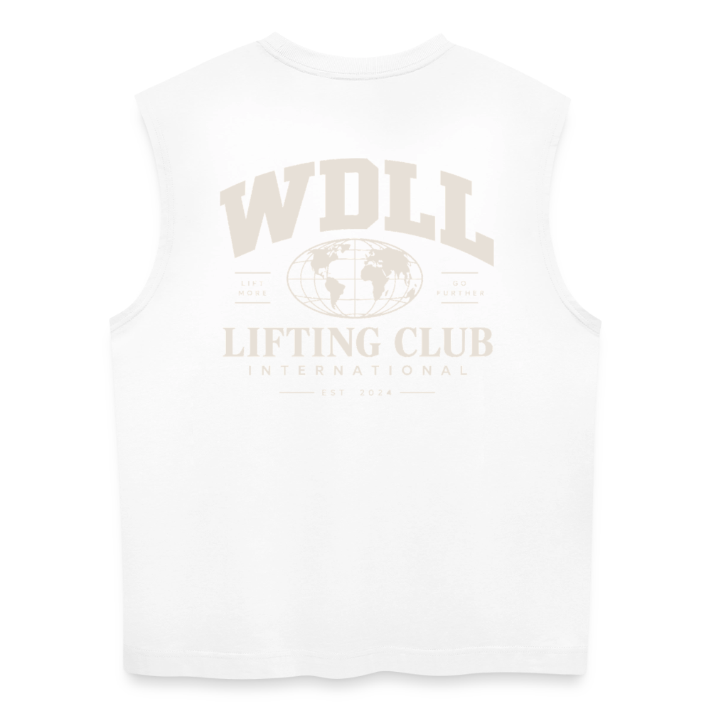 Tank top coupe classique WDLL Lifting Club International blanc, vue de dos avec grand print globe WDLL Lifting Club International Lift More Go Further – WOD.LOL