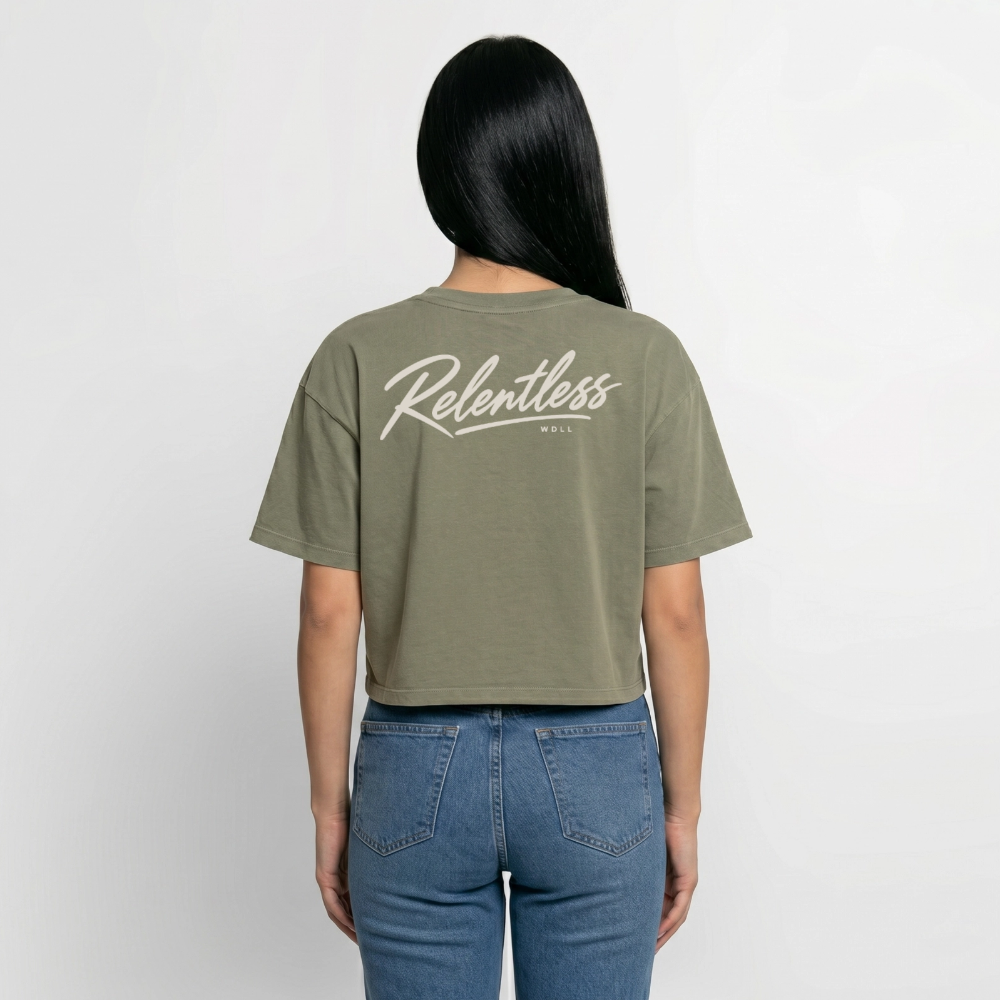 Crop top boxy femme WDLL Relentless acid wash vert délavé, porté de dos – WOD.LOL