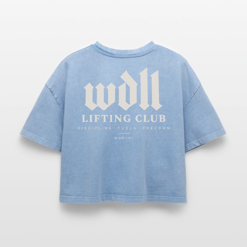 Crop top boxy femme WDLL Lifting Club acid wash bleu délavé, dos, print Discipline Fuels Freedom – WOD.LOL