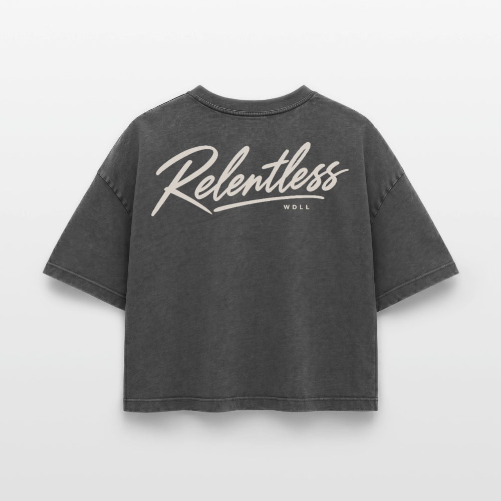 Crop top boxy femme WDLL Relentless acid wash noir délavé, dos, print Relentless – WOD.LOL