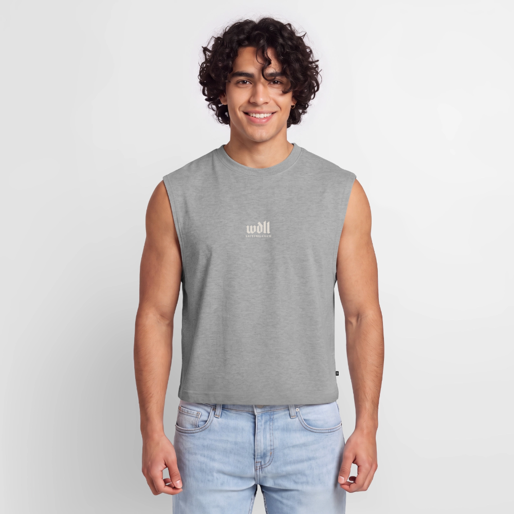 Homme portant le tank coupe classique WDLL Relentless gris chiné, vue de face – WOD.LOL