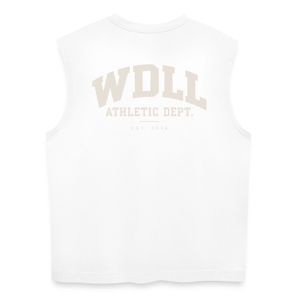 Tank top coupe classique WDLL Athletic Dept. blanc, vue de dos avec grand print varsity WDLL Athletic Dept. Est. 2024 – WOD.LOL