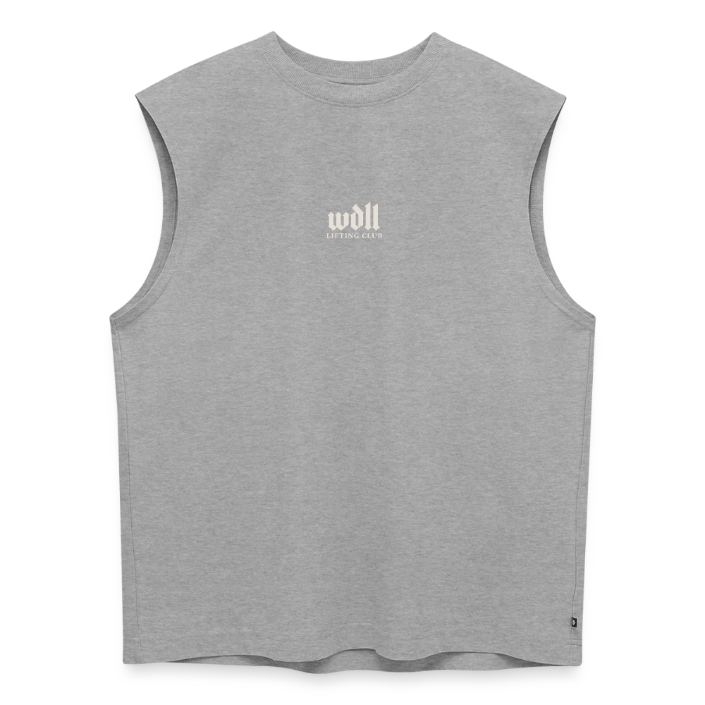 Tank top coupe classique WDLL Lifting Club International gris chiné, vue de face avec petit logo wdll poitrine – WOD.LOL