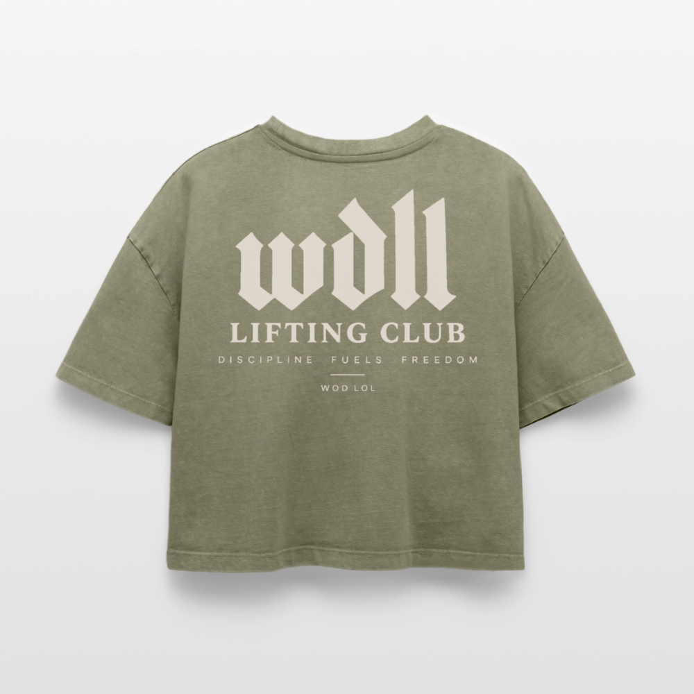 Crop top boxy femme WDLL Lifting Club acid wash vert délavé, dos, print Discipline Fuels Freedom – WOD.LOL