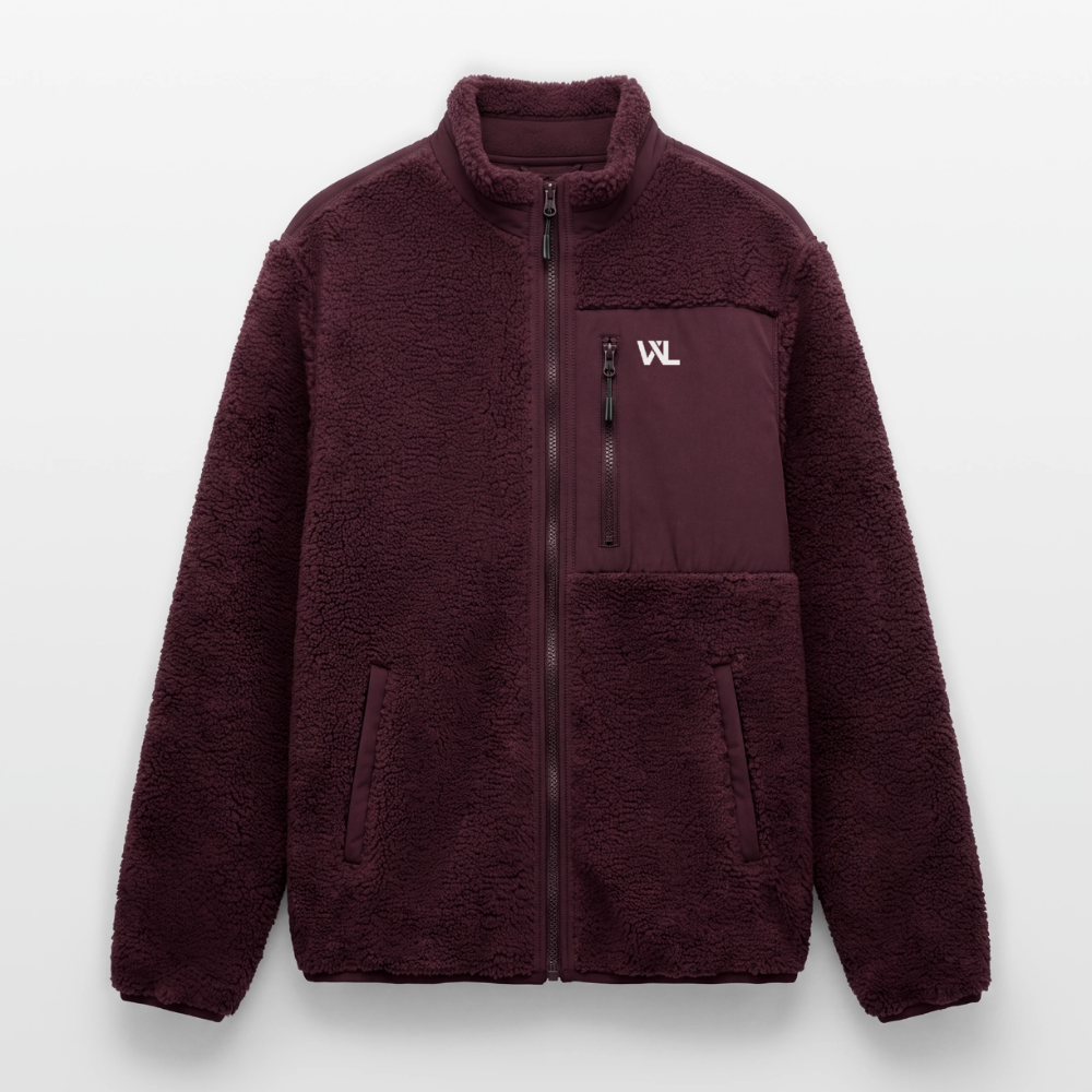 Veste sherpa WL bordeaux unisexe zippée, monogramme blanc sur la poche poitrine
