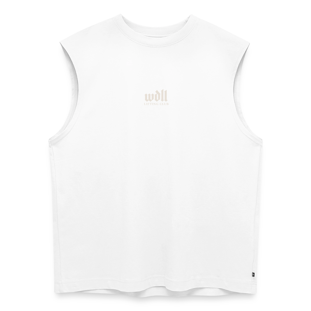 Tank top coupe classique WDLL Lift Improve Belong blanc, vue de face avec petit logo wdll poitrine – WOD.LOL