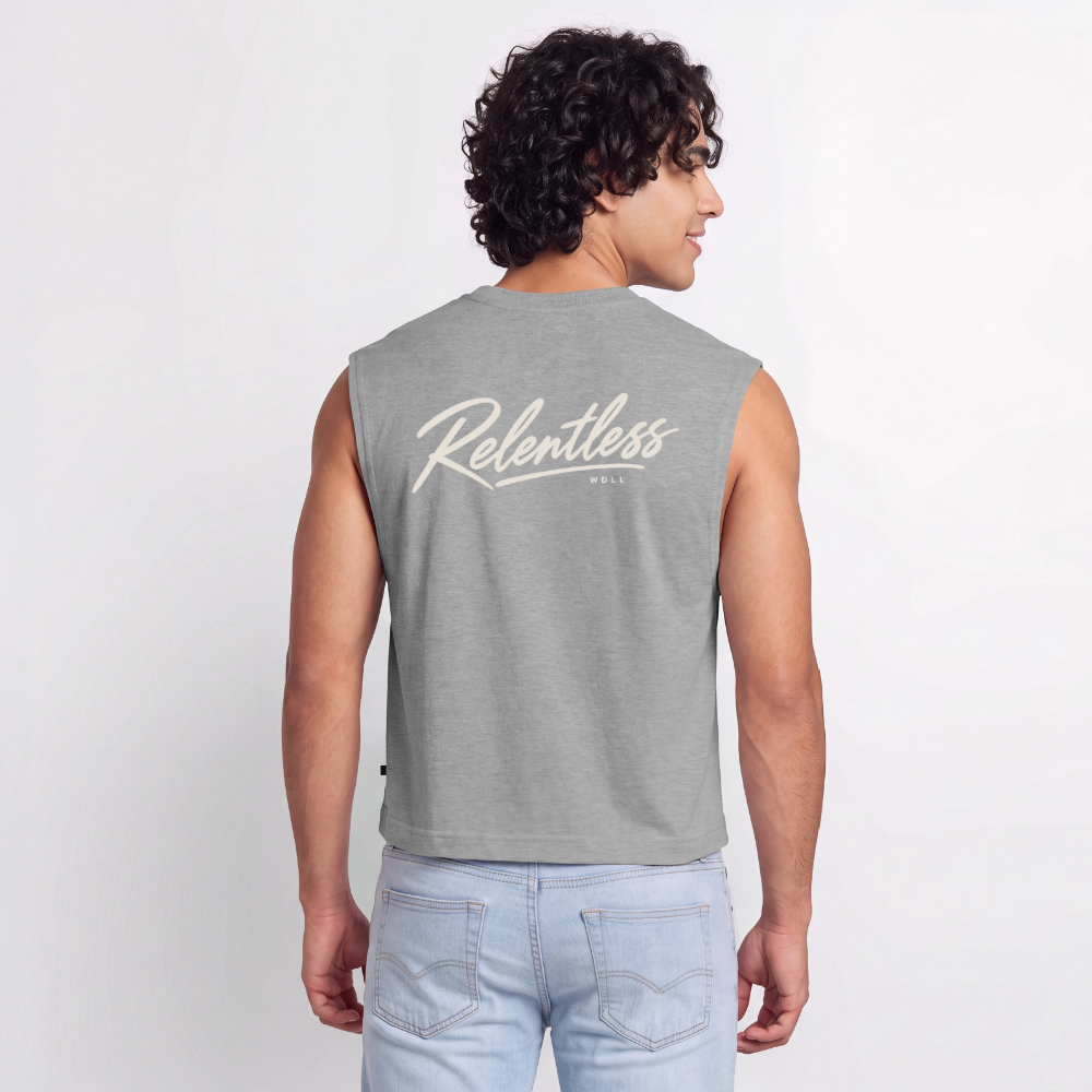 Homme portant le tank coupe classique WDLL Relentless gris chiné, vue de dos – WOD.LOL