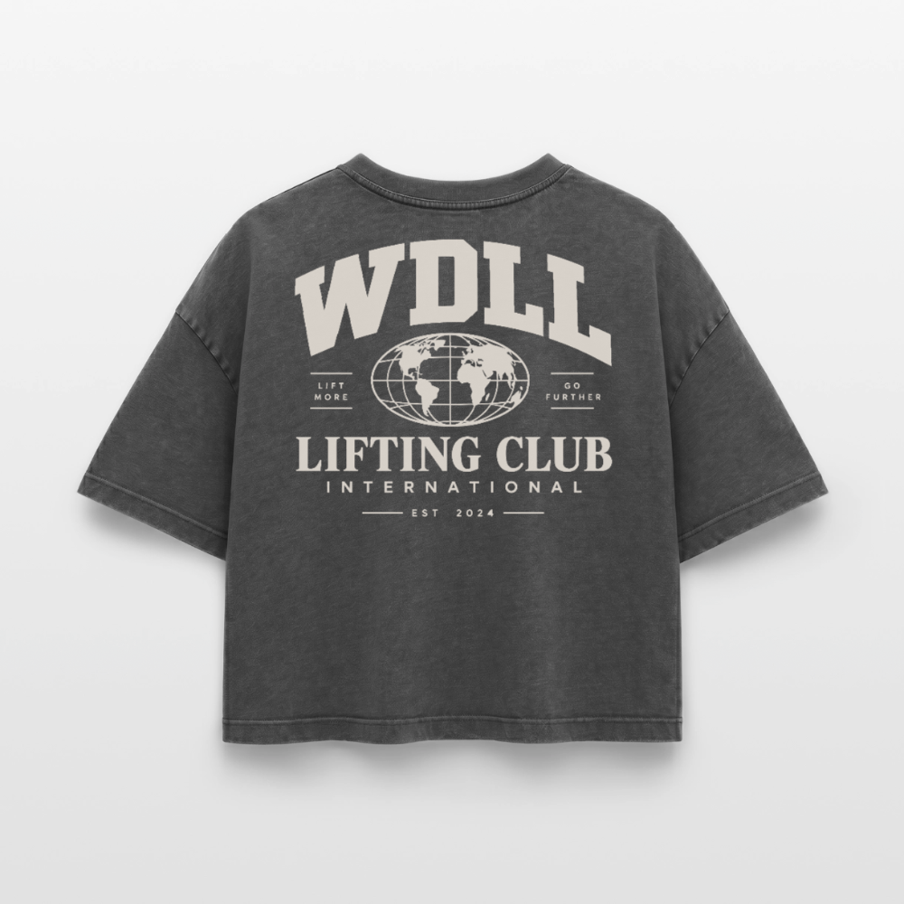 Crop top boxy femme WDLL Lifting Club International acid wash noir délavé, dos, print Lifting Club International – WOD.LOL