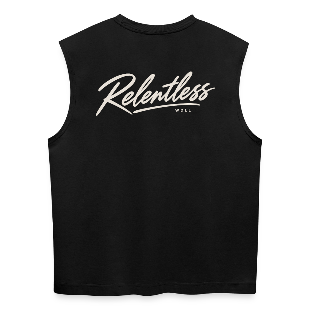 Tank top coupe classique WDLL Relentless noir, vue de dos avec grand lettrage script Relentless – WOD.LOL