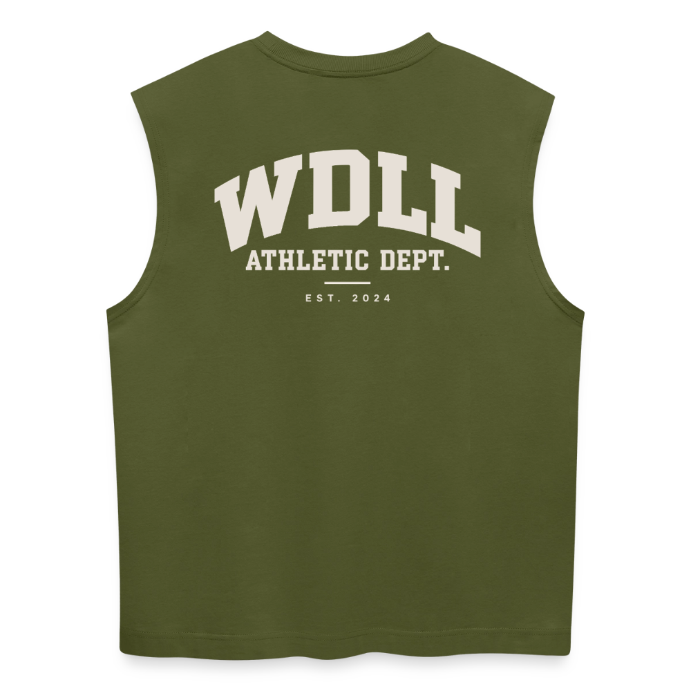 Tank top coupe classique WDLL Athletic Dept. kaki, vue de dos avec grand print varsity WDLL Athletic Dept. Est. 2024 – WOD.LOL