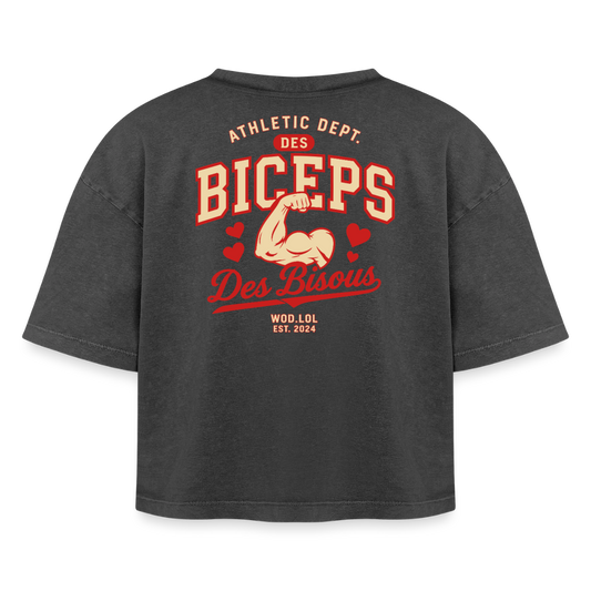 Crop top boxy femme Des Biceps Des Bisous V2 acid wash noir délavé, vue de dos avec grand print Athletic Dept. – WOD.LOL