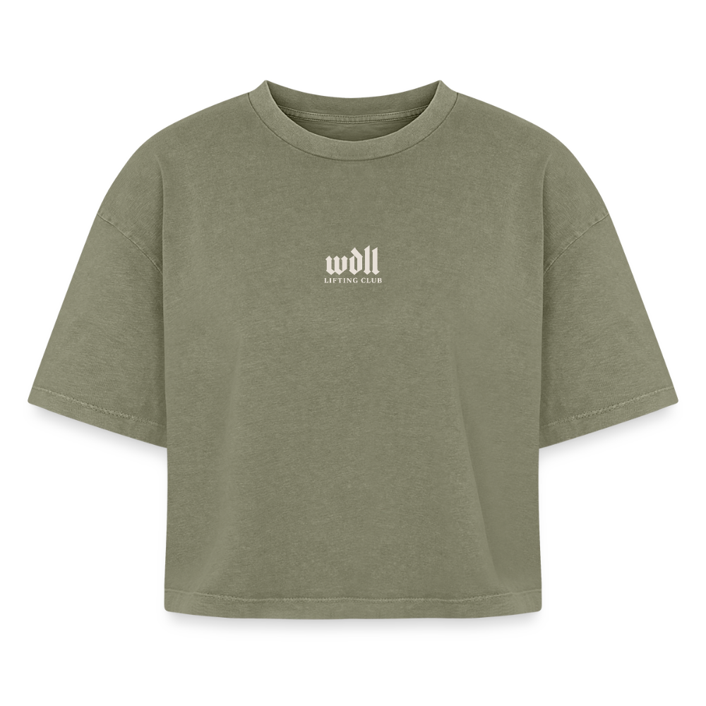 Crop top boxy femme WDLL Athletic Dept. acid wash vert délavé, vue de face avec petit logo poitrine – WOD.LOL