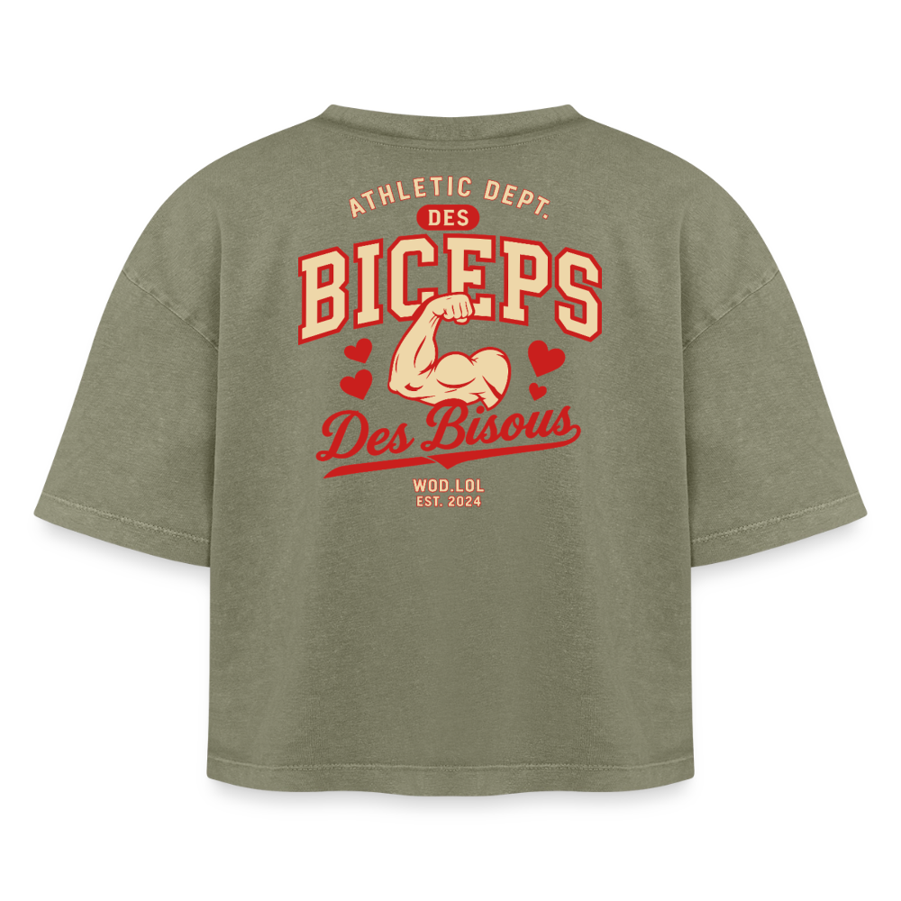 Crop top boxy femme Des Biceps Des Bisous V2 acid wash vert délavé, vue de dos avec grand print Athletic Dept. – WOD.LOL