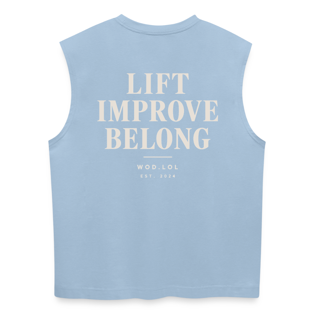 Tank top coupe classique WDLL Lift Improve Belong bleu clair, vue de dos avec grand print Lift Improve Belong – WOD.LOL