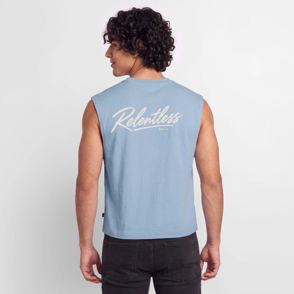 Homme portant le tank coupe classique WDLL Relentless bleu clair, vue de dos – WOD.LOL