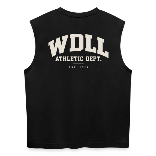 Tank top coupe classique WDLL Athletic Dept. noir, vue de dos avec grand print varsity WDLL Athletic Dept. Est. 2024 – WOD.LOL
