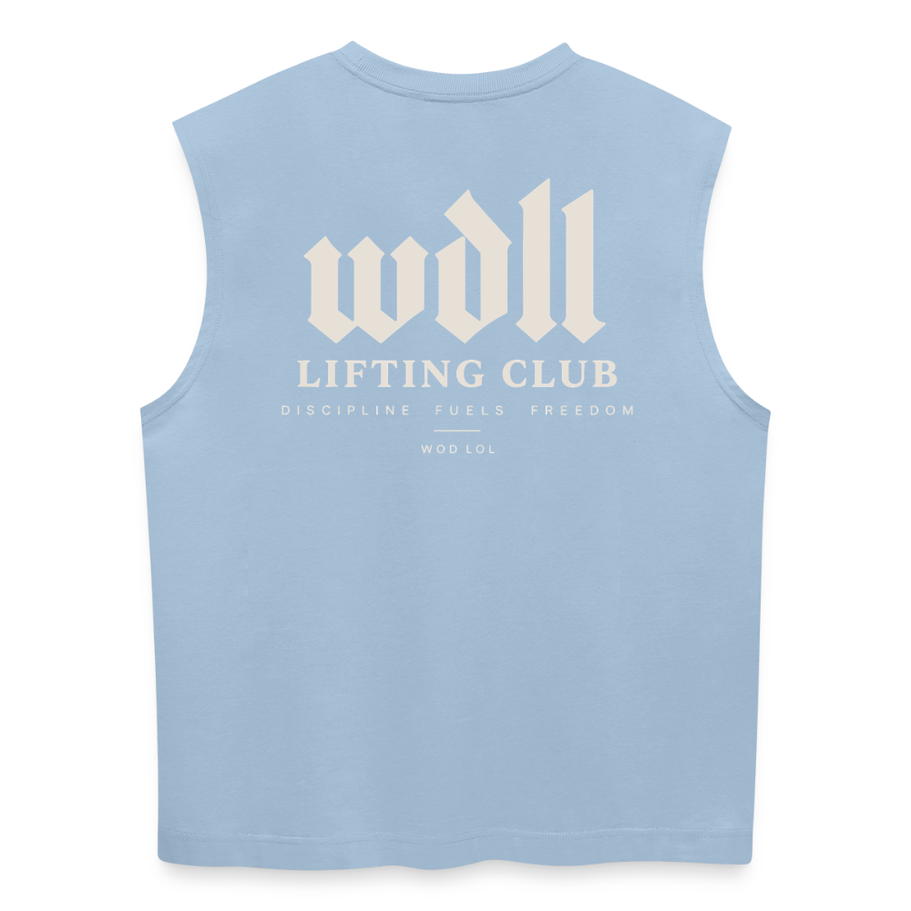 Tank top coupe classique WDLL Lifting Club bleu clair, vue de dos avec grand print WDLL Lifting Club Discipline Fuels Freedom – WOD.LOL